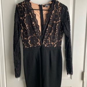 Lulu’s Black & Nude Lace Long Sleeve Dress